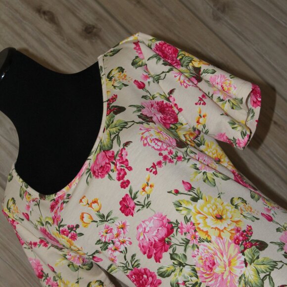 Tom's Ware Dress Casual Floral Print Pink Green New Bodycon Midi L Large EUC - Picture 10 of 11